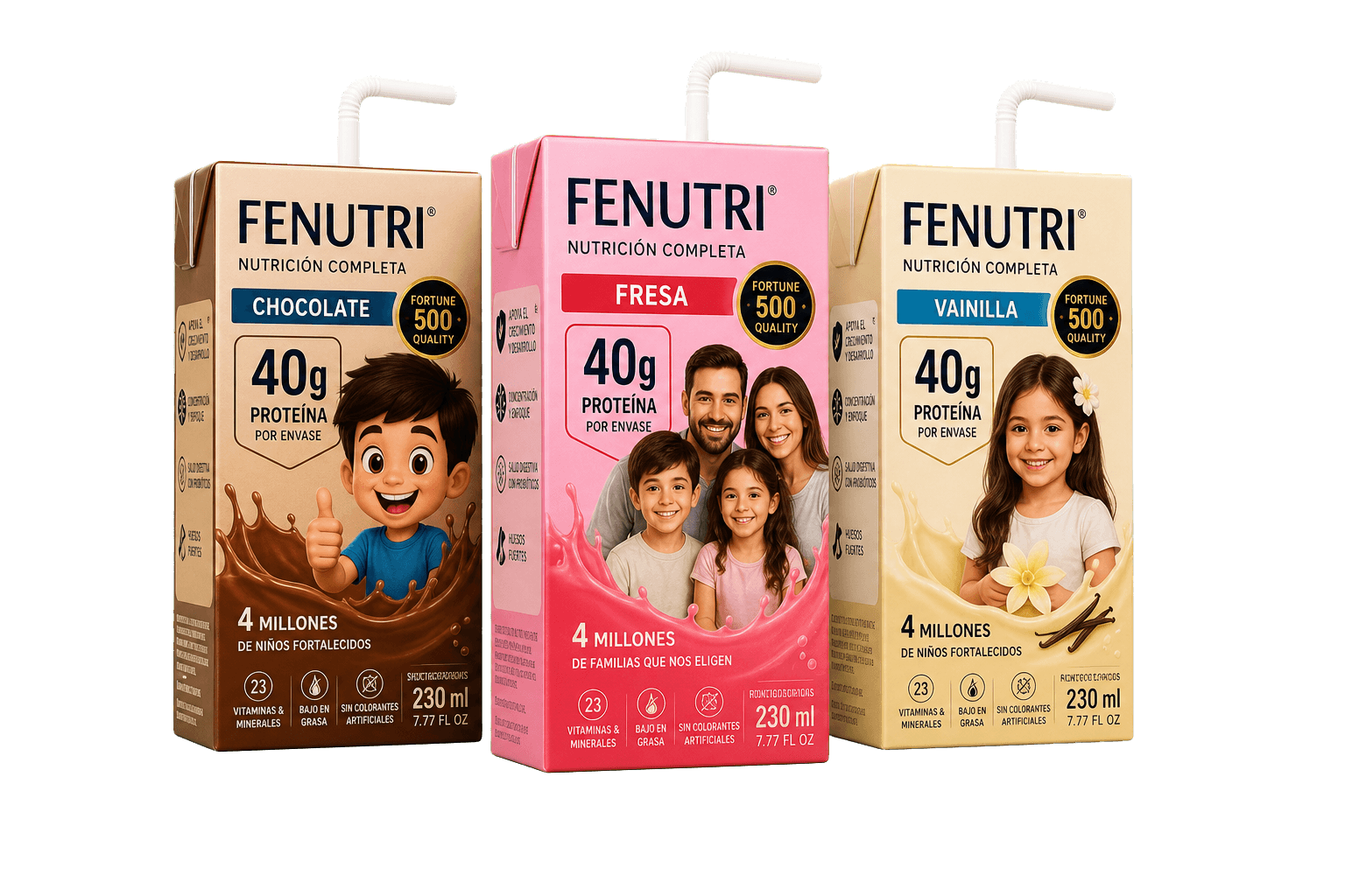 Tres presentaciones Fenutri en sabores chocolate, fresa y vainilla